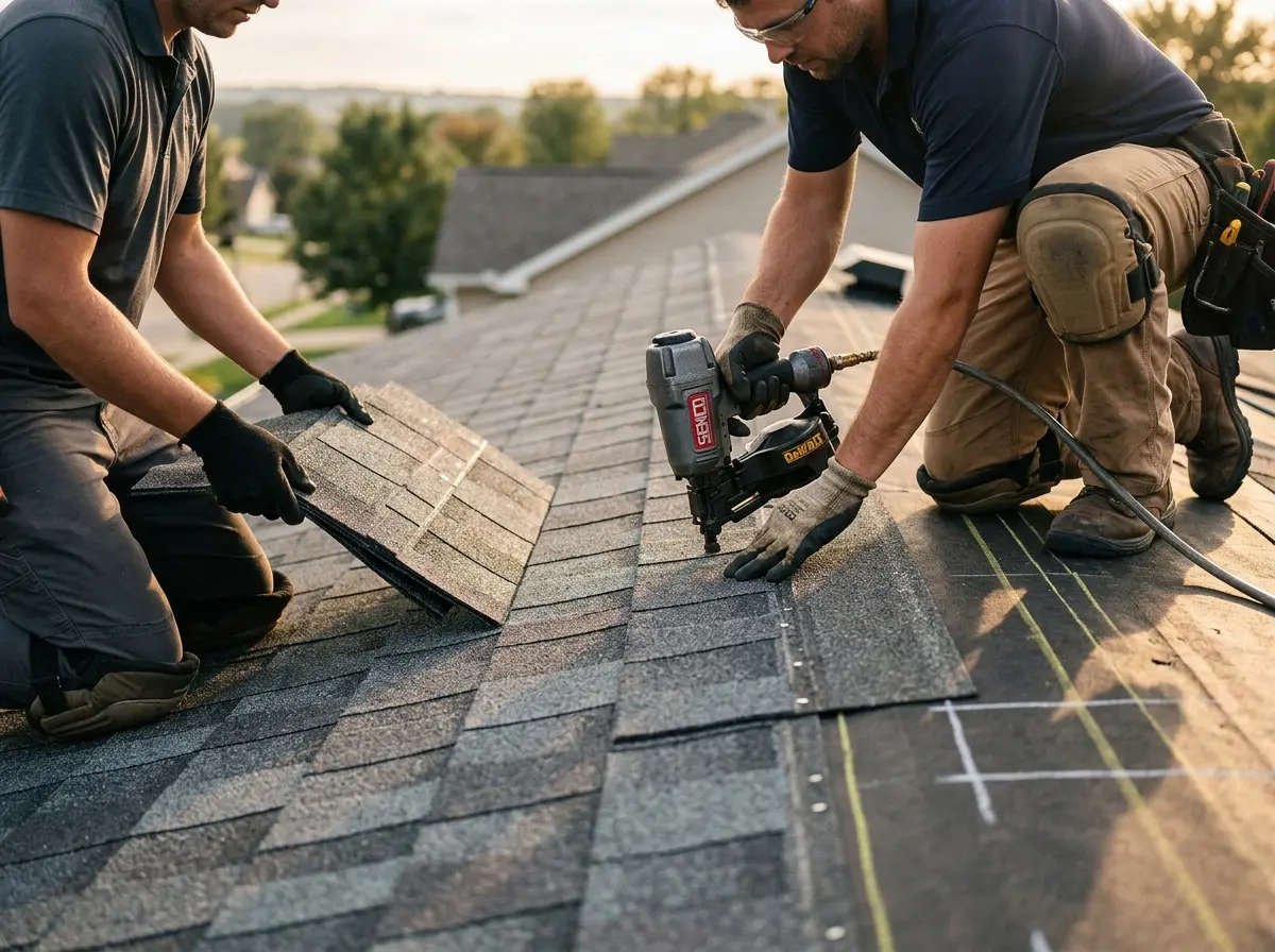 Professional roofer working on a residential roof in Cullowhee